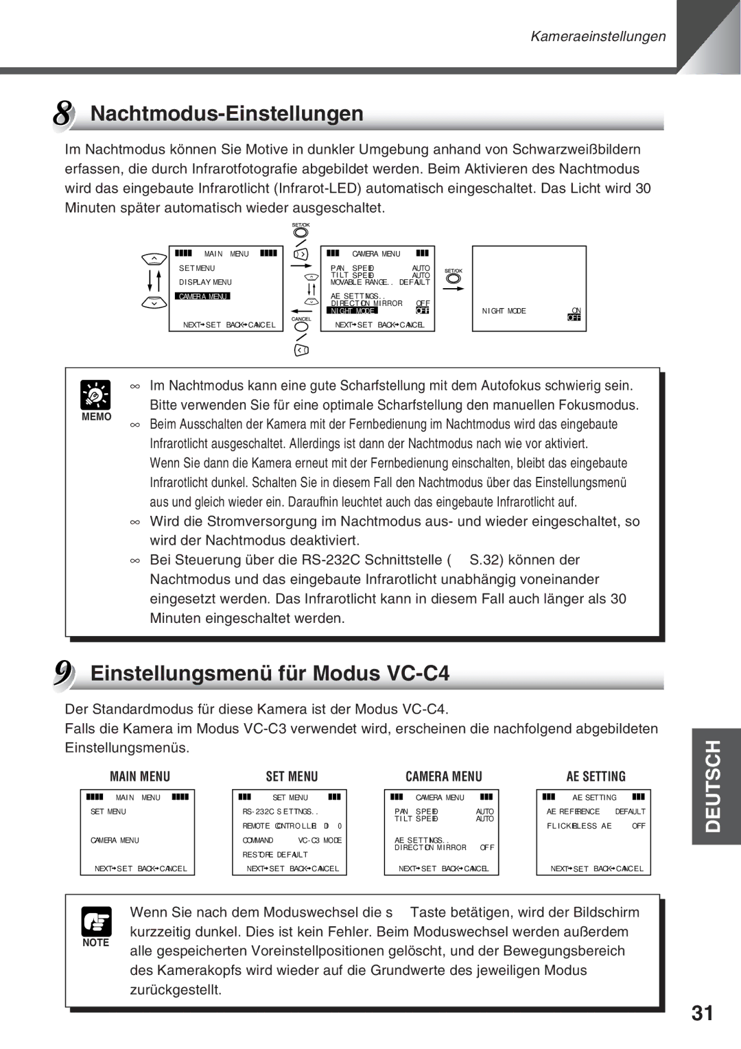 Canon VC-C50i, VC-C50IR instruction manual Nachtmodus-Einstellungen, Einstellungsmenü für Modus VC-C4 