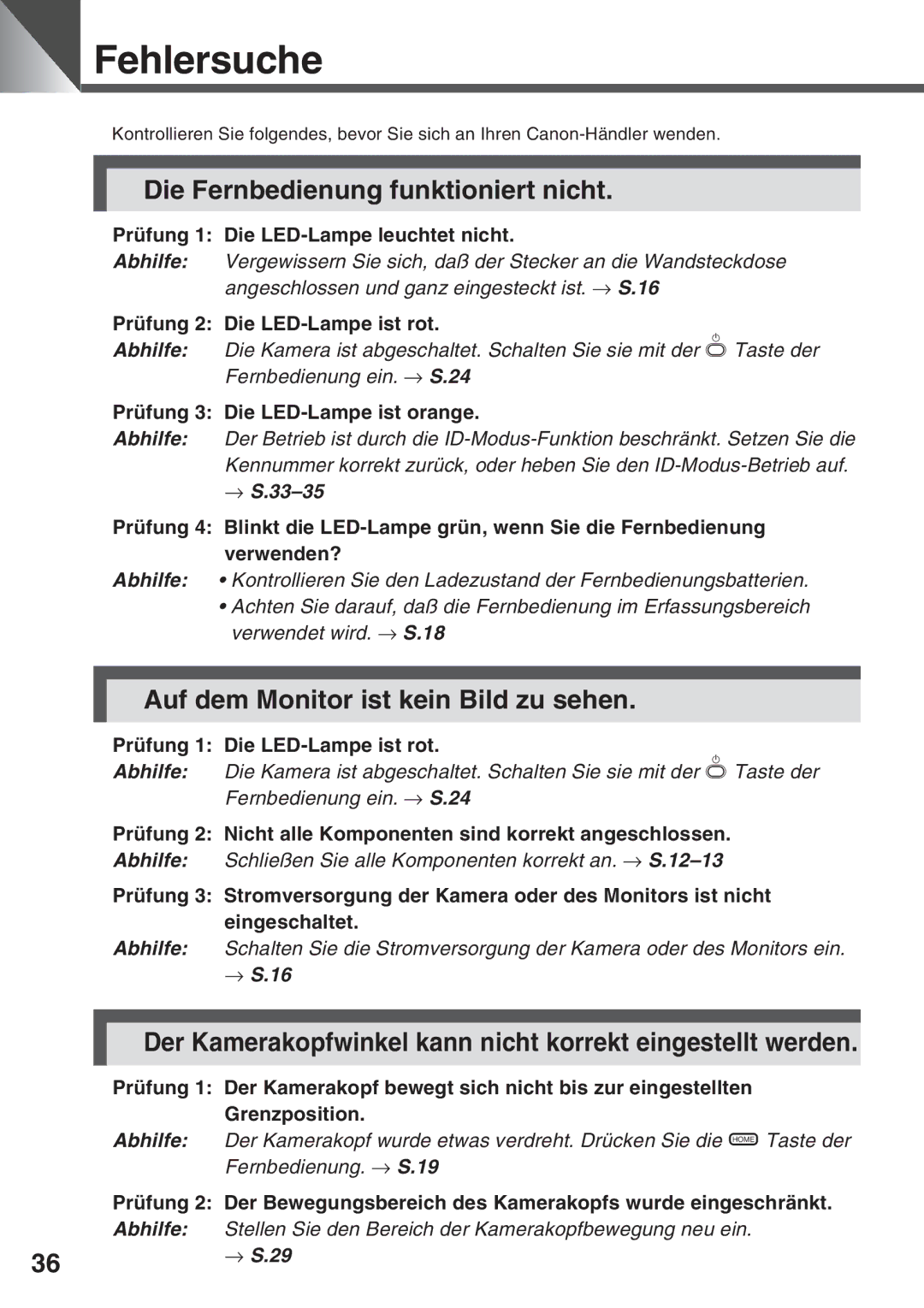 Canon VC-C50IR, VC-C50i Fehlersuche, Die Fernbedienung funktioniert nicht, Auf dem Monitor ist kein Bild zu sehen 