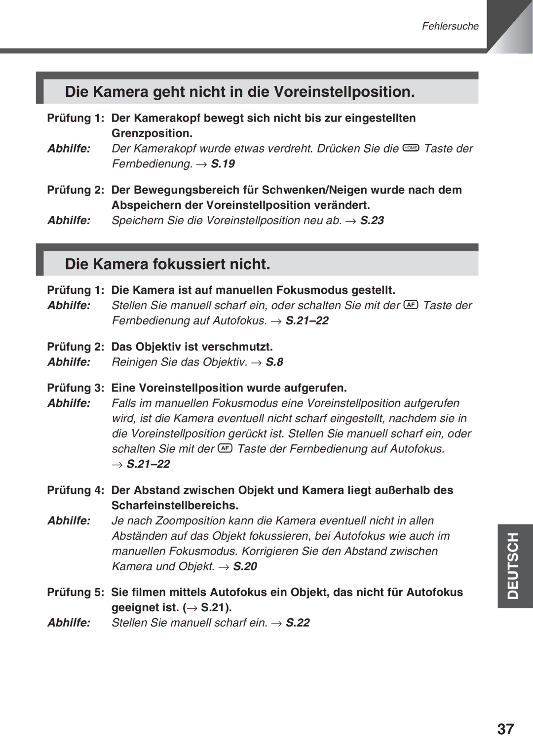 Canon VC-C50i, VC-C50IR instruction manual Die Kamera geht nicht in die Voreinstellposition, Die Kamera fokussiert nicht 