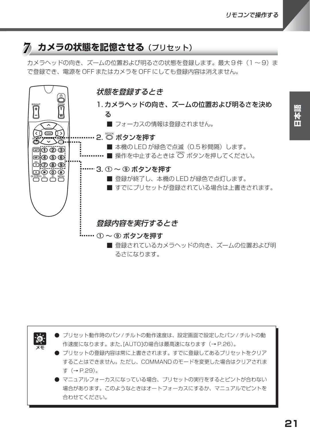 Canon VC-C50i, VC-C50IR instruction manual カメラの状態を記憶させる（プリセット）, 状態を登録するとき 