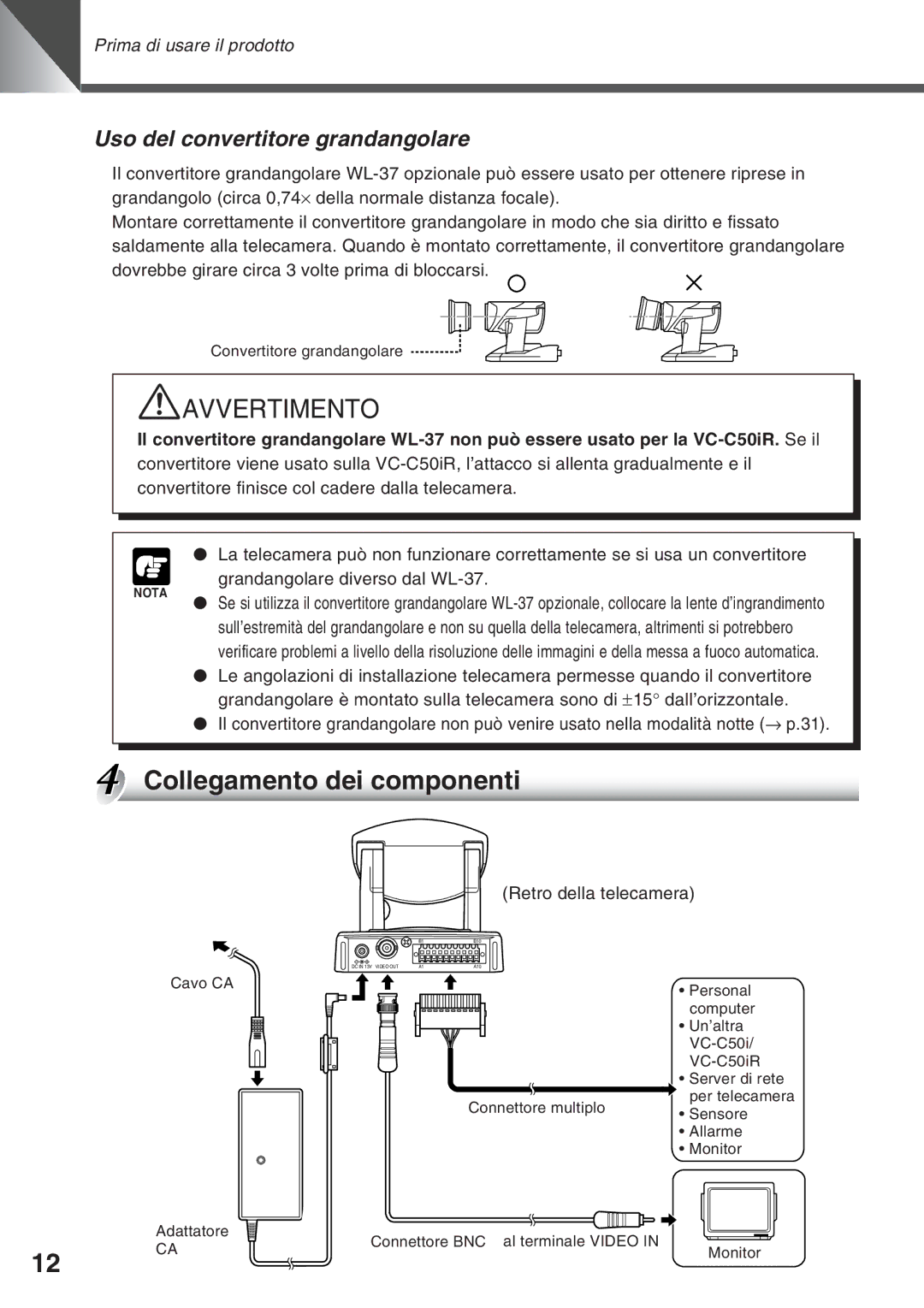 Canon VC-C50IR, VC-C50i Collegamento dei componenti, Uso del convertitore grandangolare, Retro della telecamera 