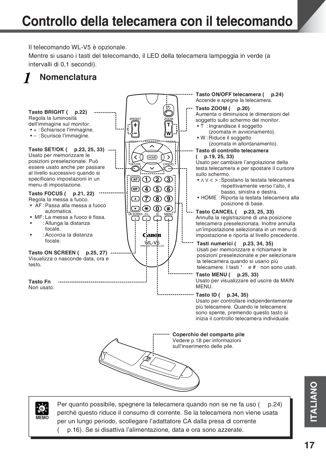 Canon VC-C50i, VC-C50IR instruction manual Controllo della telecamera con il telecomando 