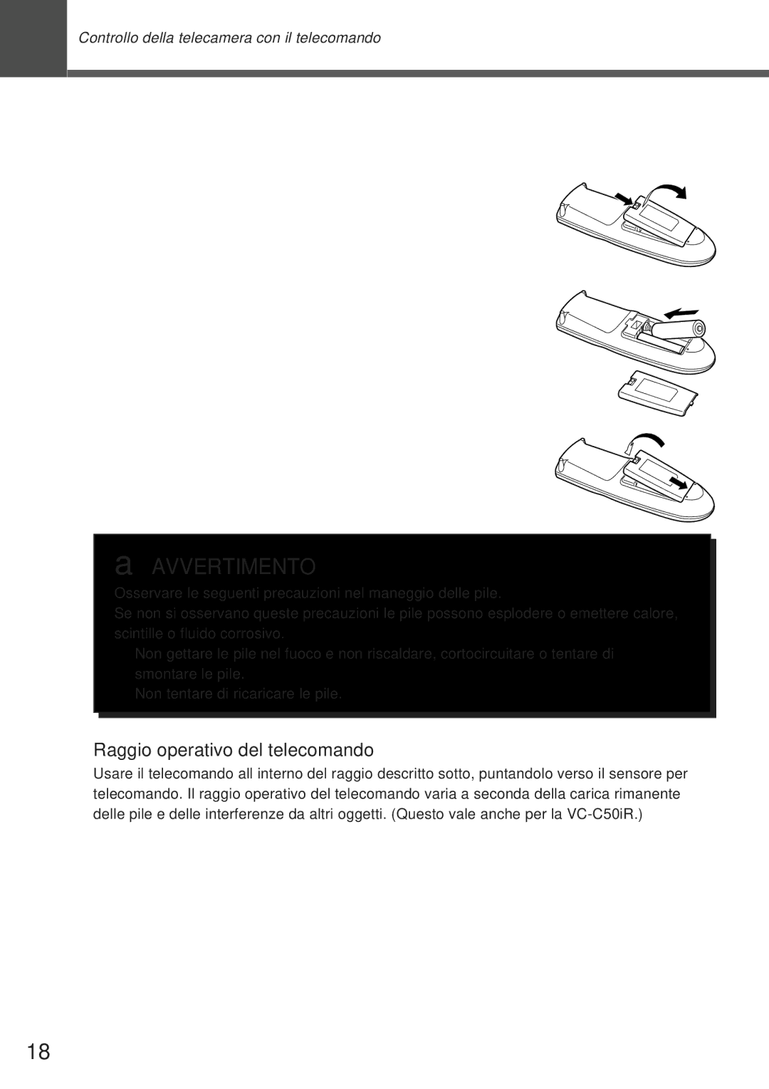 Canon VC-C50IR, VC-C50i instruction manual Inserimento delle pile nel telecomando, Raggio operativo del telecomando 