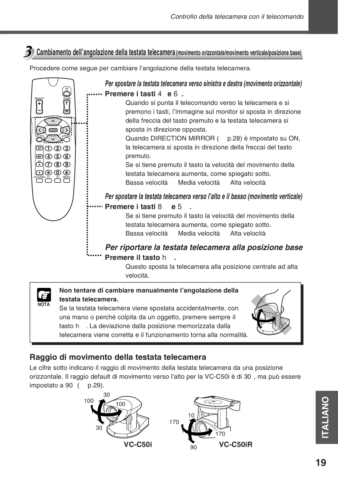 Canon VC-C50i Per riportare la testata telecamera alla posizione base, Raggio di movimento della testata telecamera 