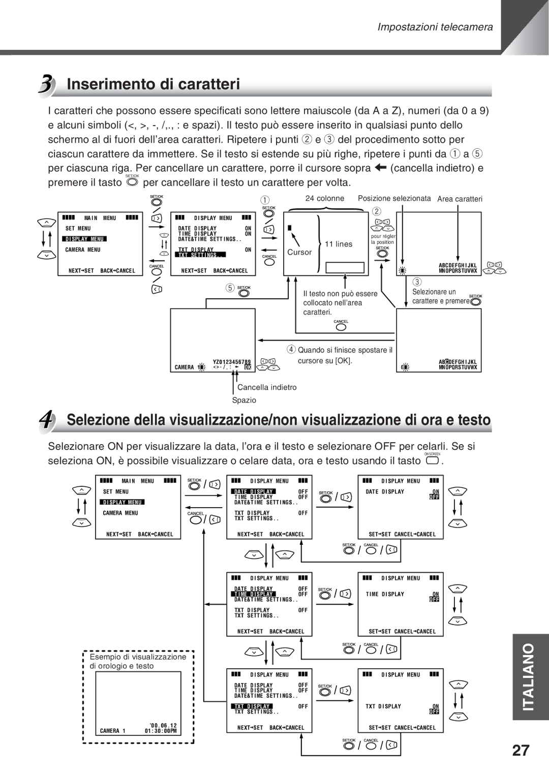 Canon VC-C50i, VC-C50IR instruction manual Inserimento di caratteri, Esempio di visualizzazione di orologio e testo 