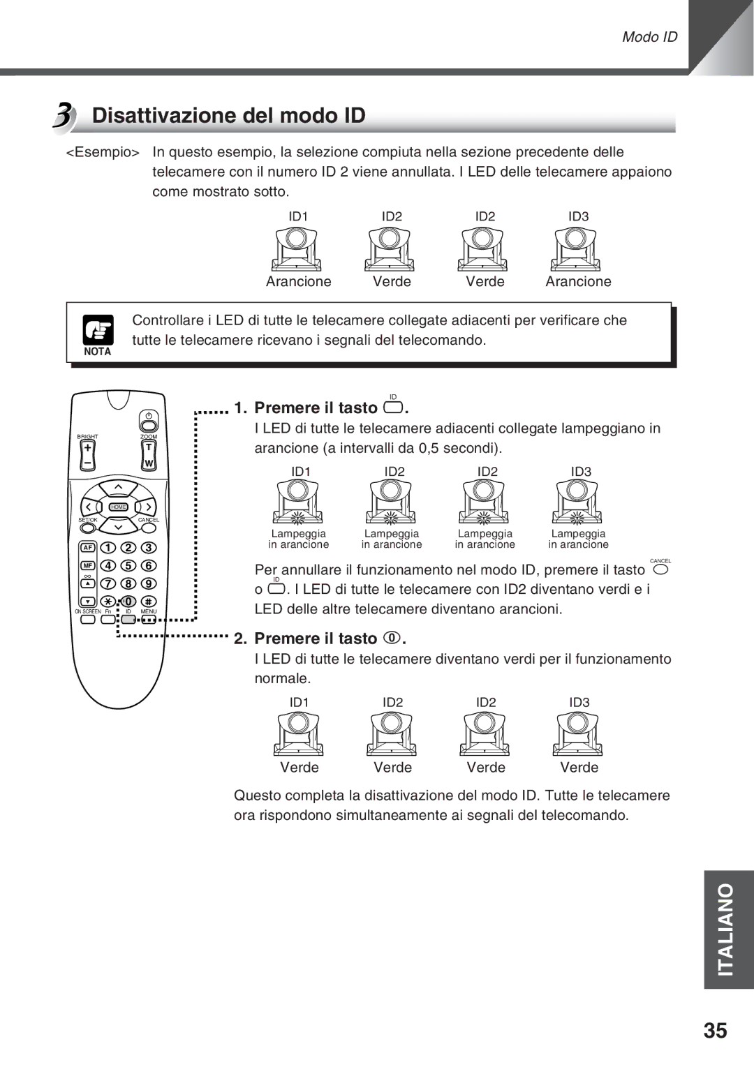 Canon VC-C50i, VC-C50IR instruction manual Disattivazione del modo ID, Verde 