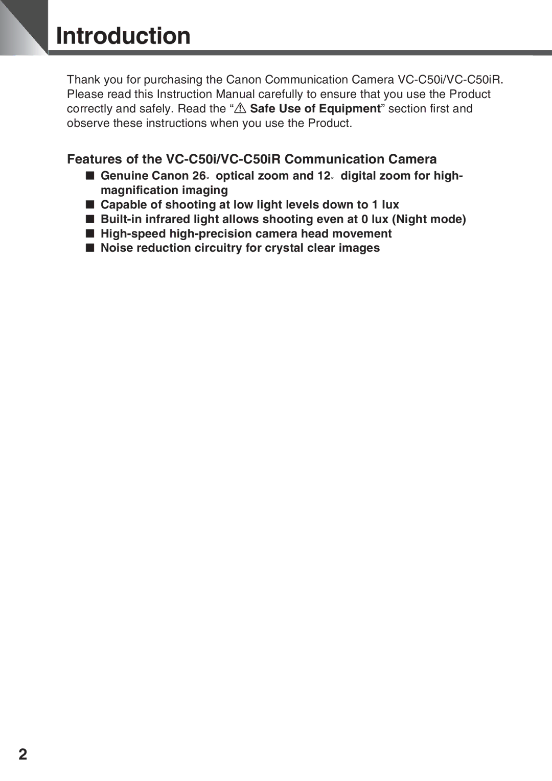 Canon VC-C50IR instruction manual Introduction, Features of the VC-C50i/VC-C50iR Communication Camera 