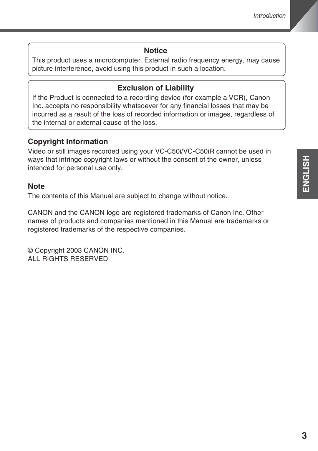 Canon VC-C50i, VC-C50IR instruction manual Exclusion of Liability, Copyright Information 