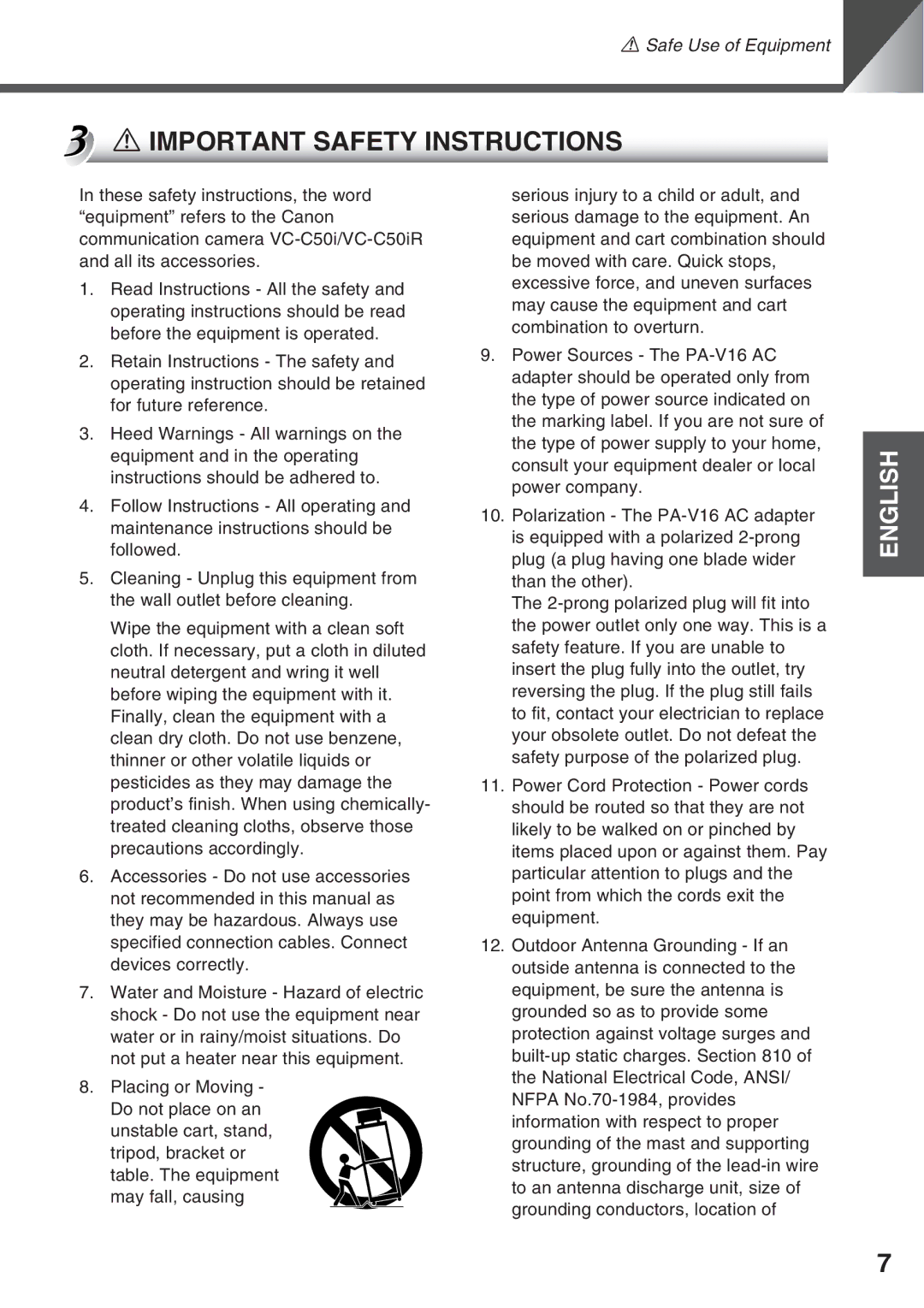 Canon VC-C50i, VC-C50IR instruction manual Important Safety Instructions 