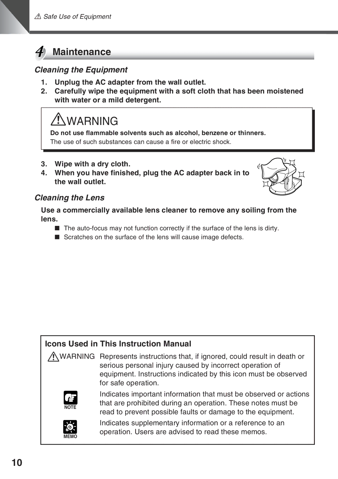 Canon VC-C50IR, VC-C50i instruction manual Maintenance, Cleaning the Equipment, Cleaning the Lens 