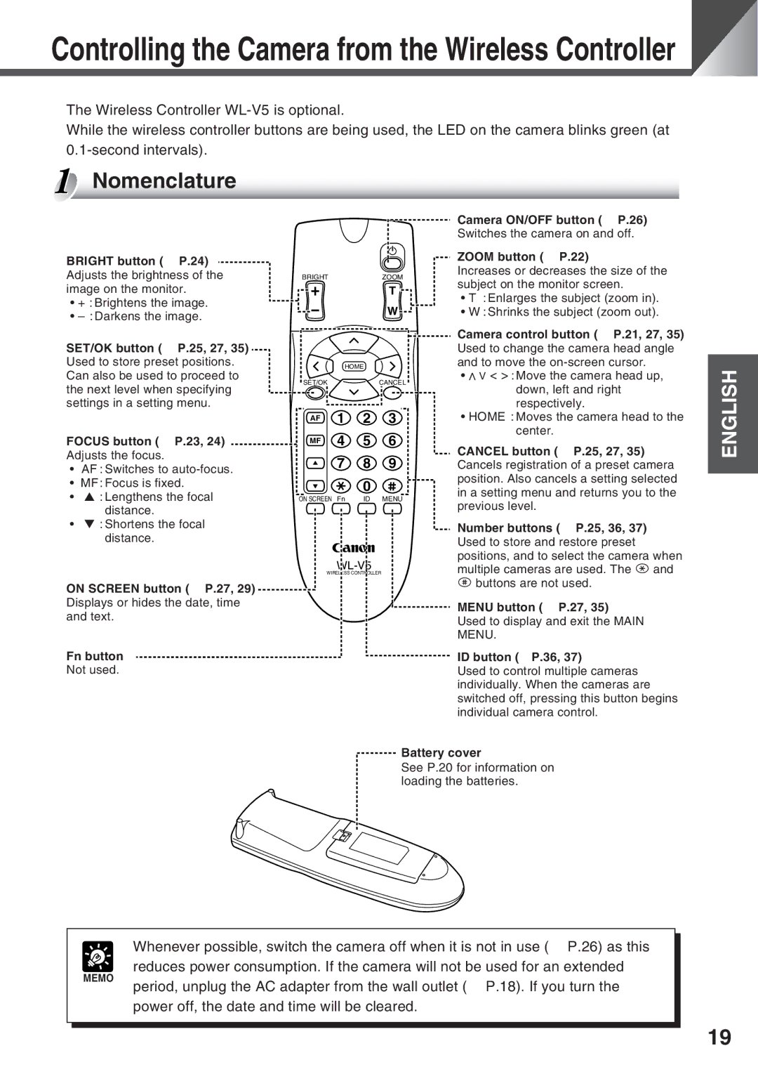 Canon VC-C50i, VC-C50IR instruction manual Controlling the Camera from the Wireless Controller 