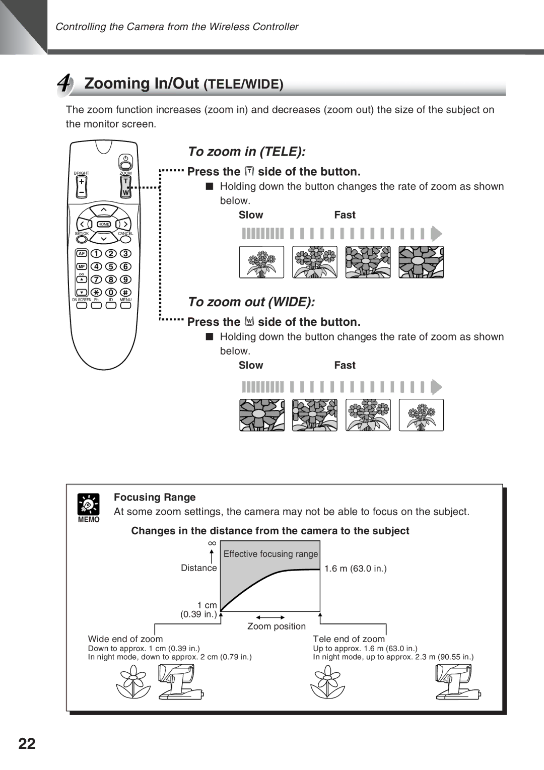 Canon VC-C50IR, VC-C50i Zooming In/Out TELE/WIDE, To zoom in Tele, To zoom out Wide, Press the t side of the button 