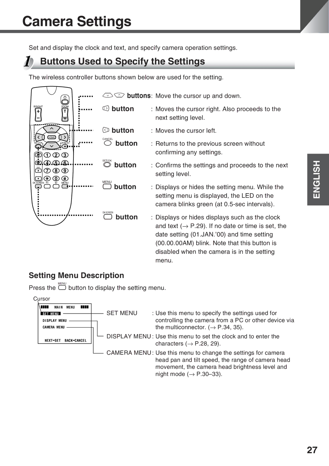 Canon VC-C50i, VC-C50IR instruction manual Camera Settings, Buttons Used to Specify the Settings, Setting Menu Description 