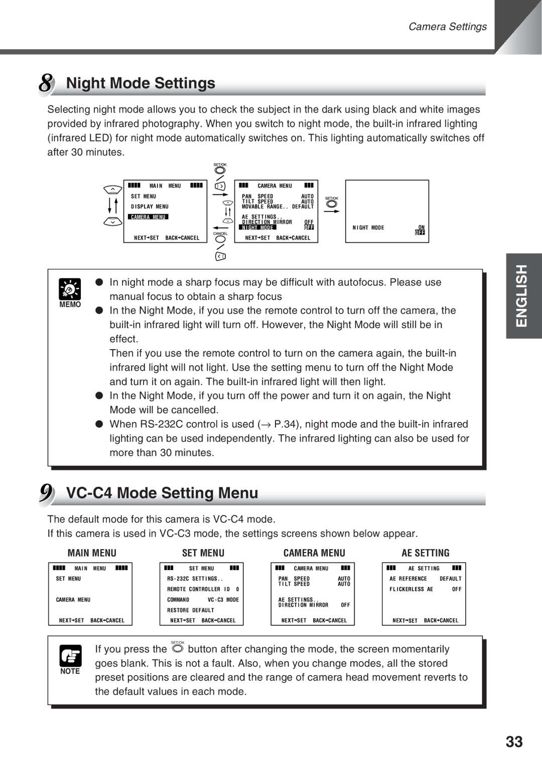 Canon VC-C50i, VC-C50IR instruction manual Night Mode Settings, VC-C4 Mode Setting Menu 