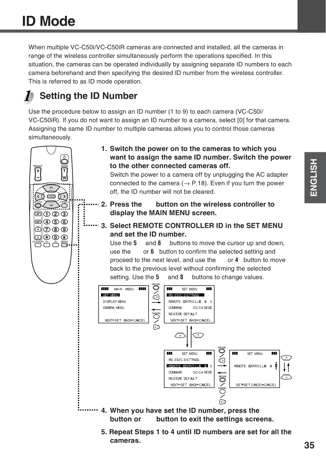 Canon VC-C50i, VC-C50IR instruction manual ID Mode, Setting the ID Number, Off, the ID number will not be cleared 