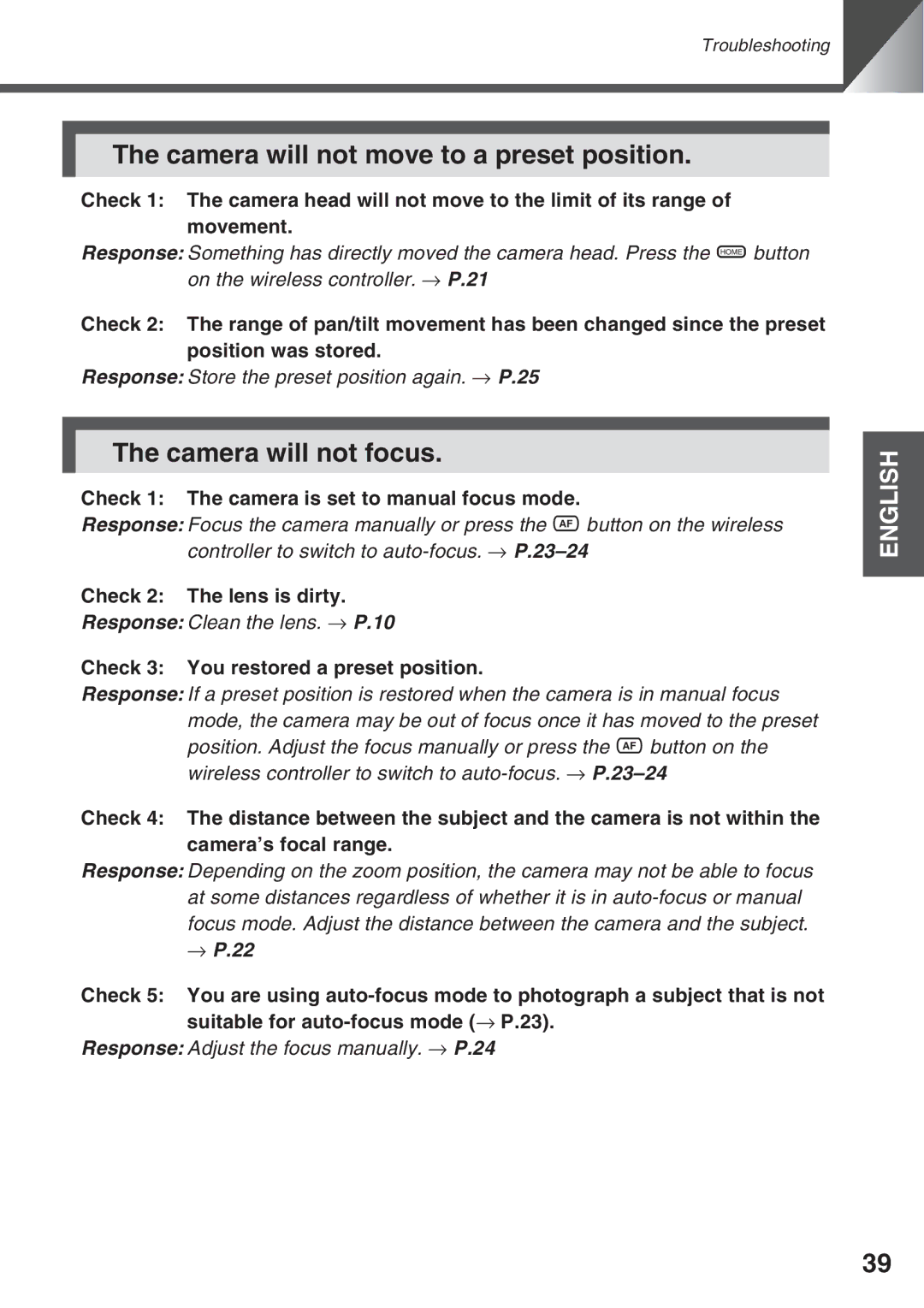 Canon VC-C50i, VC-C50IR Camera will not move to a preset position, Camera will not focus, Check 2 The lens is dirty 