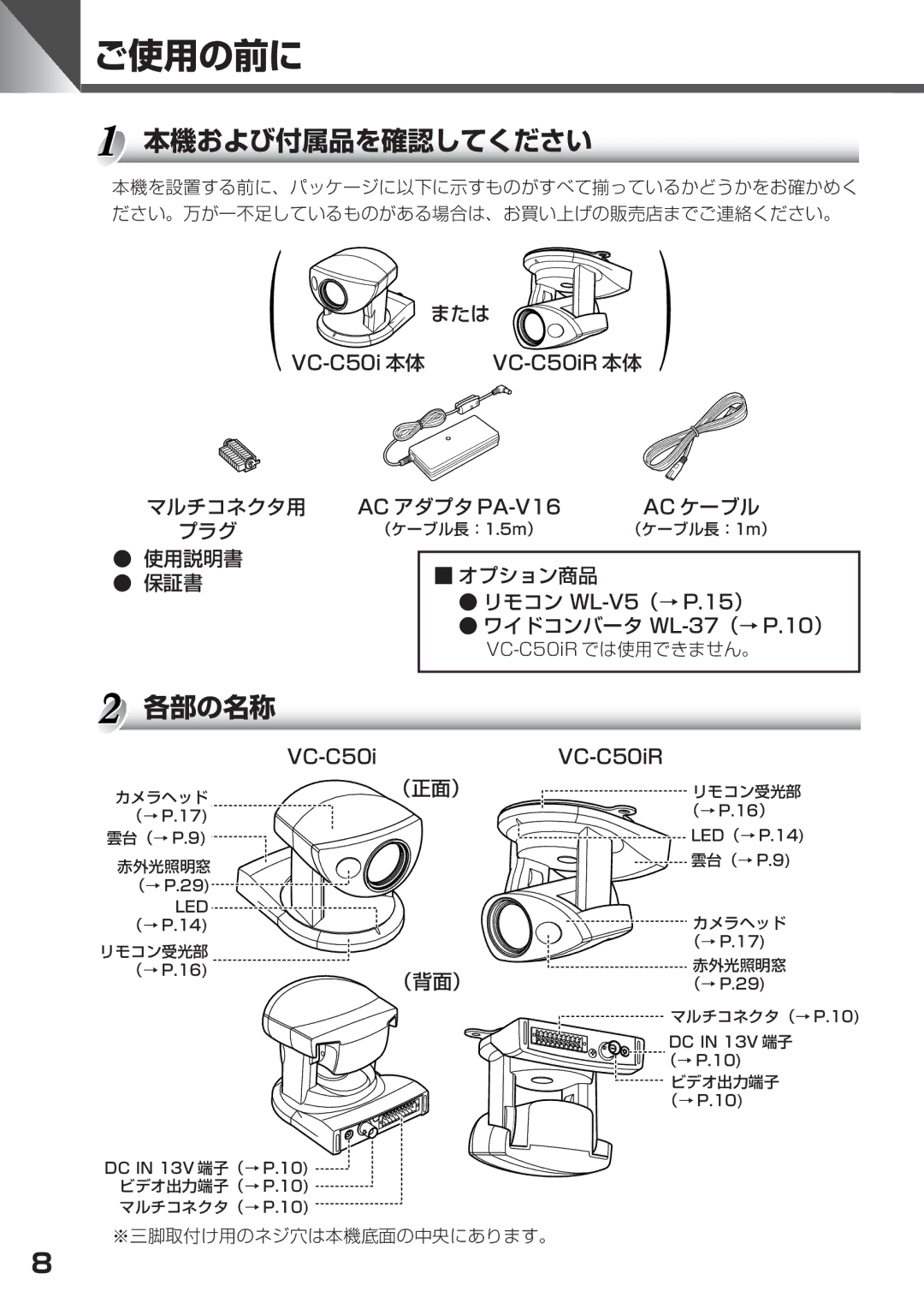 Canon VC-C50IR, VC-C50i instruction manual 本機および付属品を確認してください, 各部の名称 