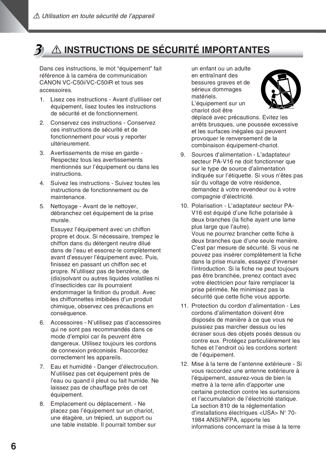 Canon VC-C50IR, VC-C50i instruction manual Instructions DE Sécurité Importantes 