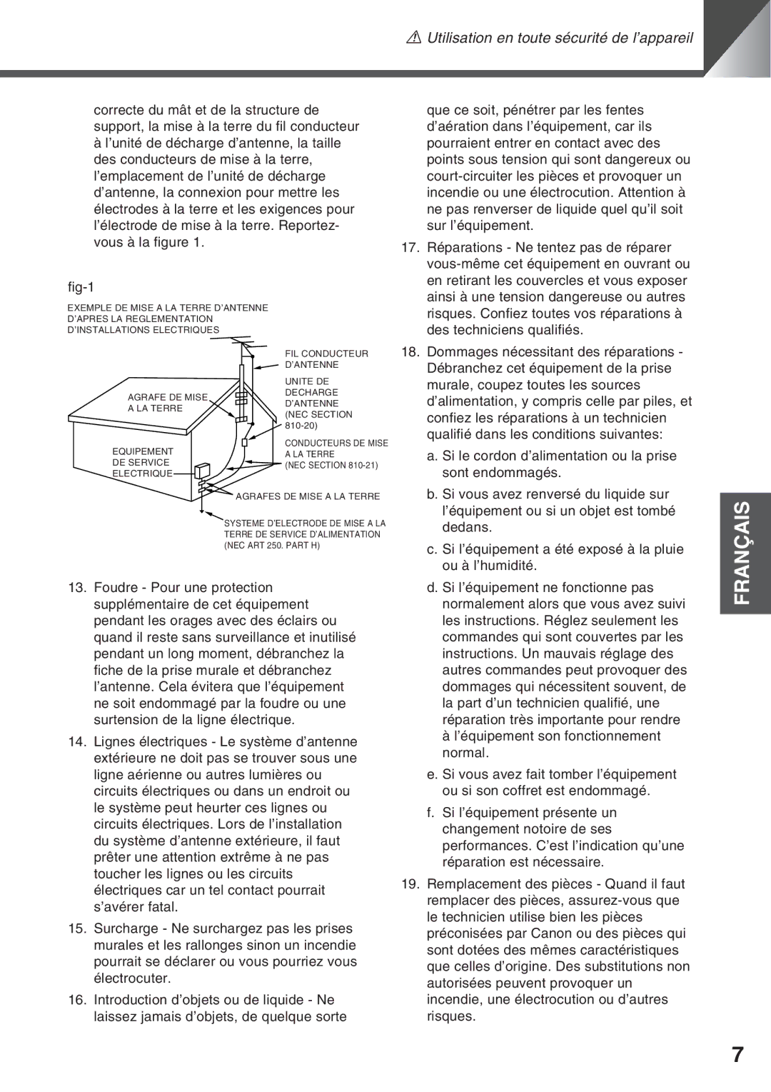 Canon VC-C50i, VC-C50IR instruction manual Equipement LA Terre DE Service 