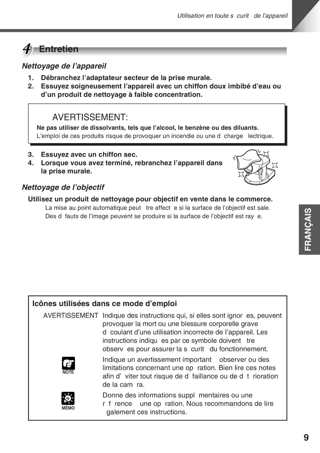 Canon VC-C50i Entretien, Nettoyage de l’appareil, Nettoyage de l’objectif, Icônes utilisées dans ce mode d’emploi 