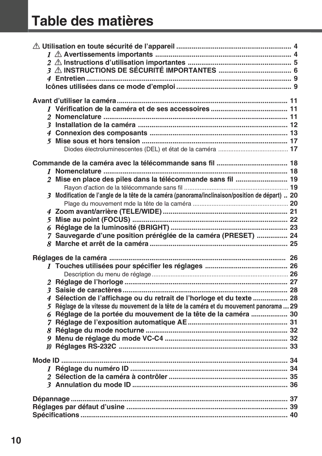 Canon VC-C50IR Table des matières, Diodes électroluminescentes DEL et état de la caméra, Description du menu de réglage 