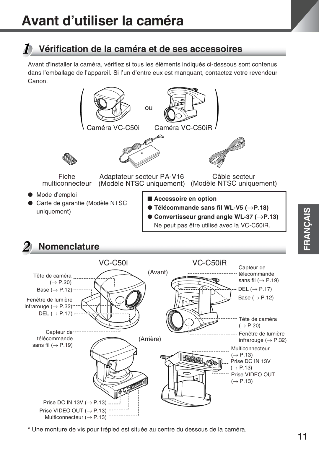 Canon VC-C50i Avant d’utiliser la caméra, Vérification de la caméra et de ses accessoires, Fiche Adaptateur secteur PA-V16 