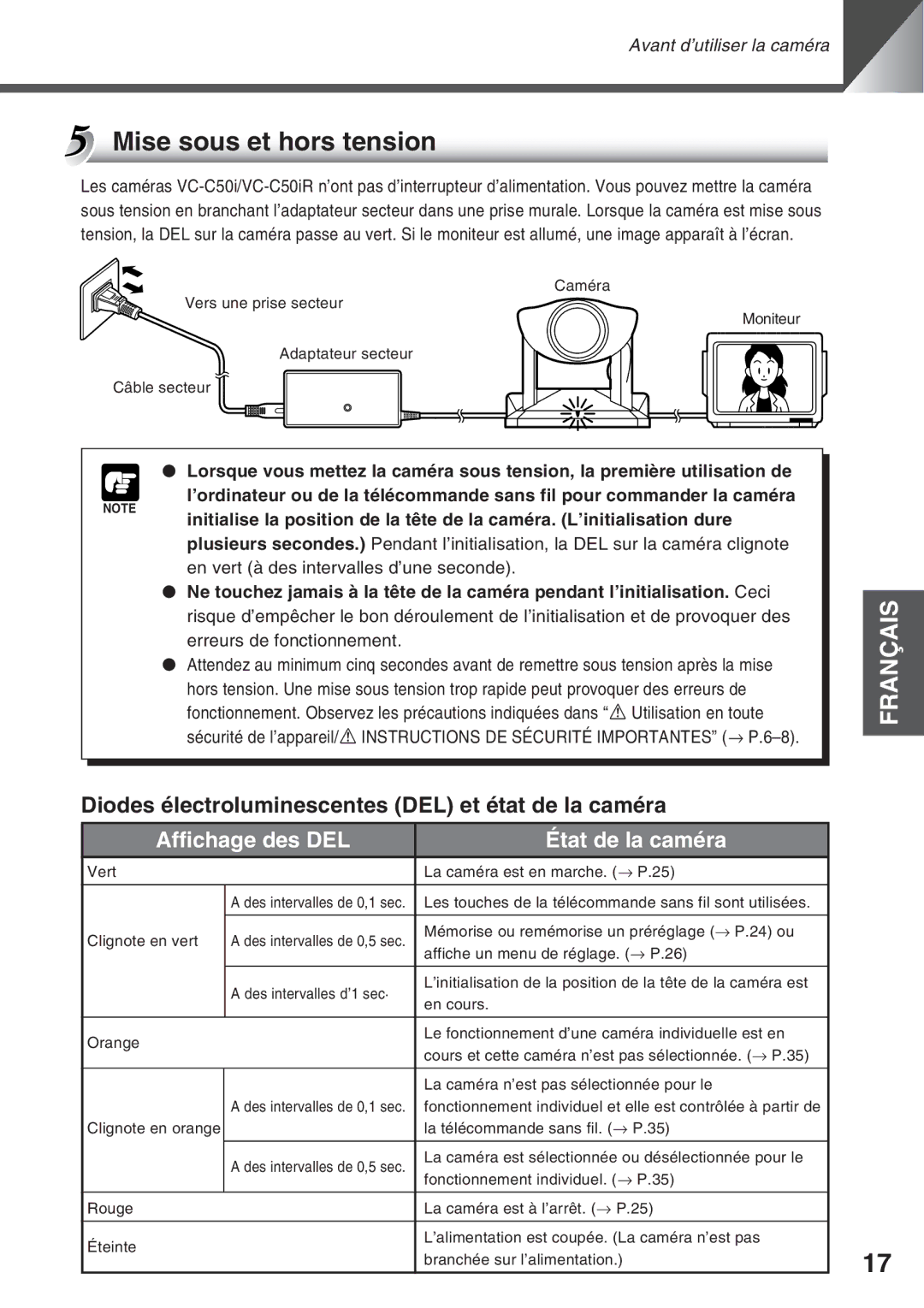 Canon VC-C50i, VC-C50IR instruction manual Mise sous et hors tension, Diodes électroluminescentes DEL et état de la caméra 