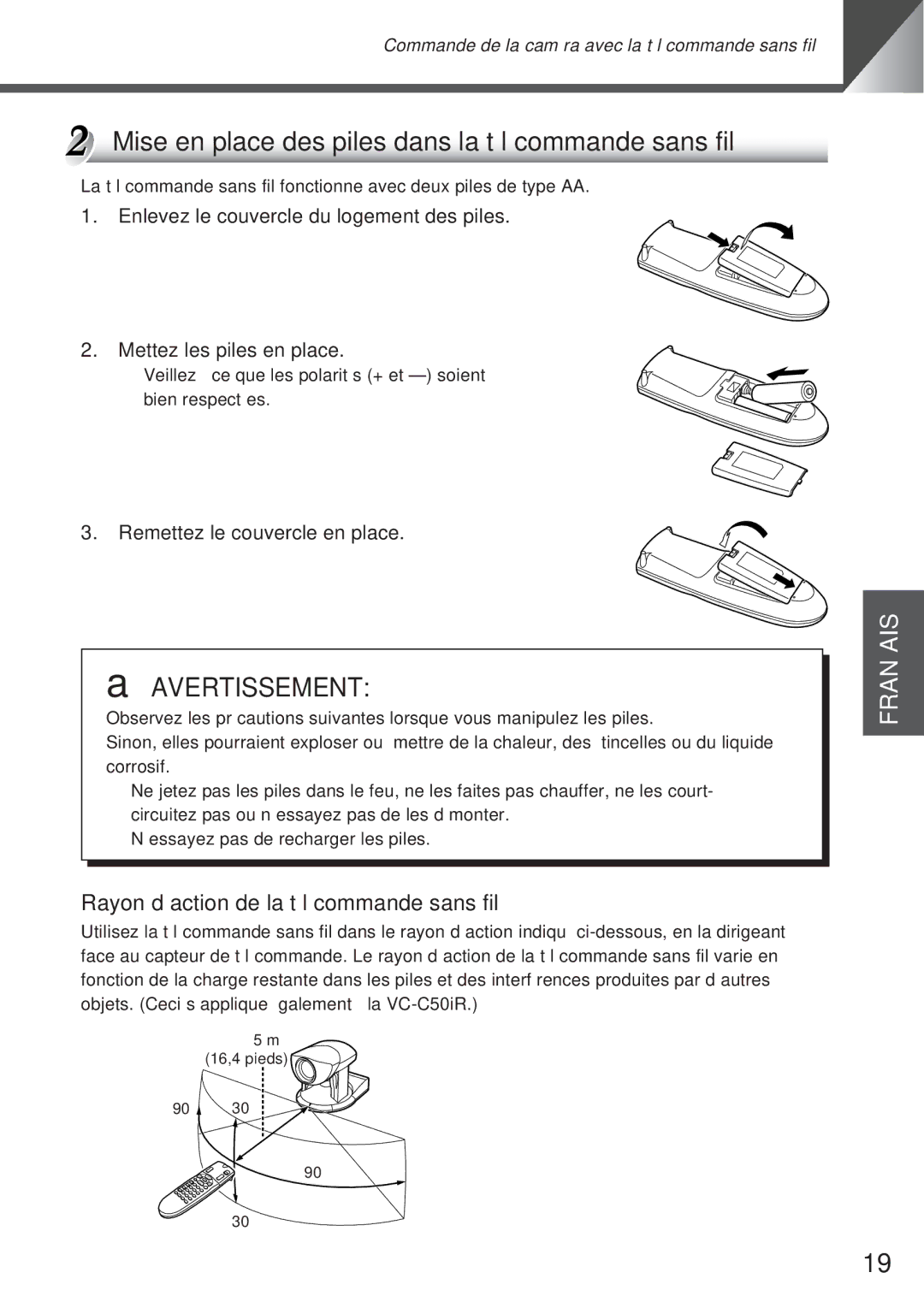 Canon VC-C50i, VC-C50IR Mise en place des piles dans la télécommande sans fil, Rayon d’action de la télécommande sans fil 