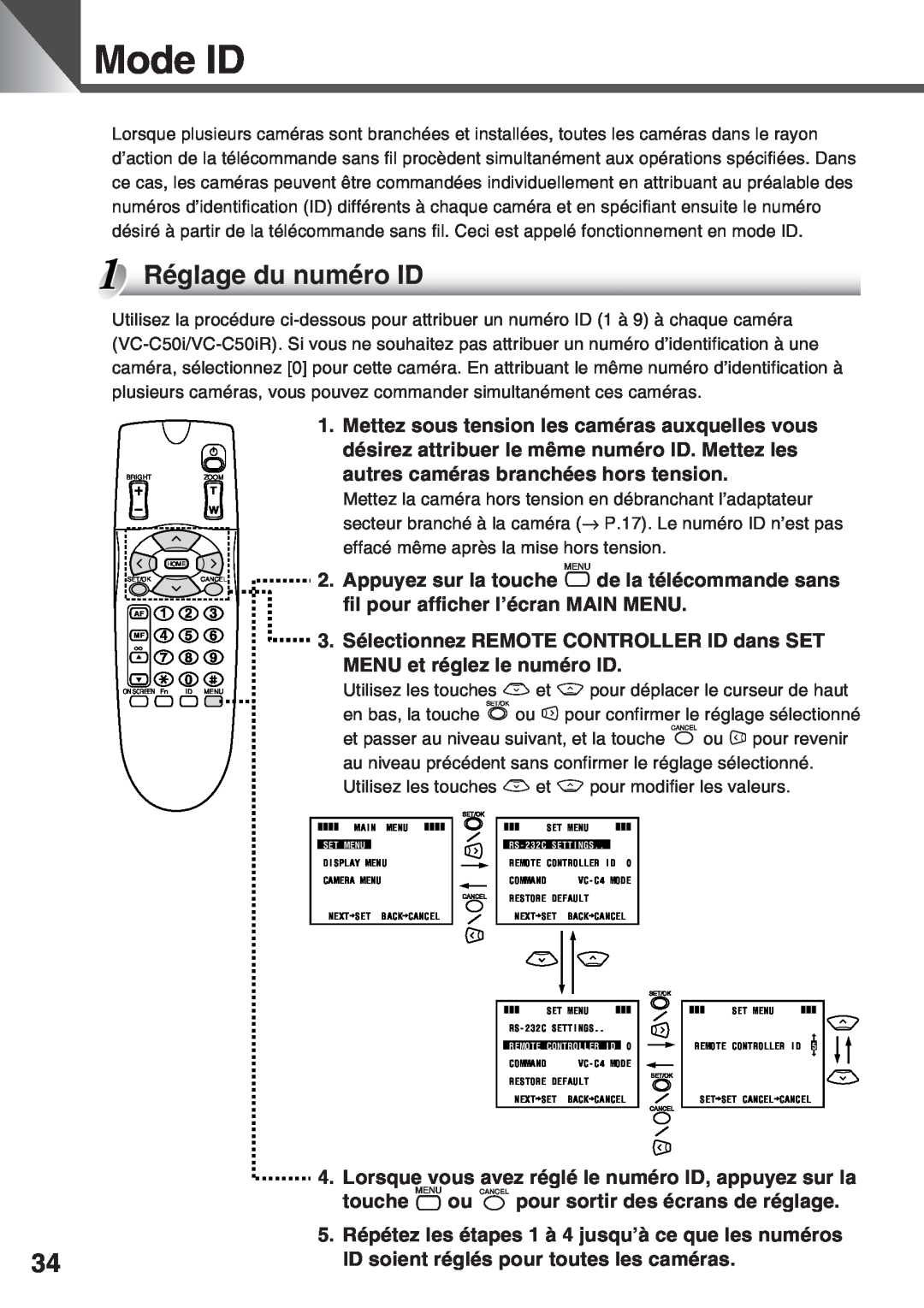 Canon VC-C50IR, VC-C50i instruction manual Mode ID, Réglage du numéro ID 