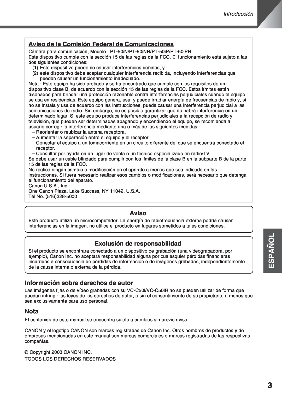 Canon VC-C50IR Español, Aviso de la Comisión Federal de Comunicaciones, Exclusión de responsabilidad, Nota, Introducción 