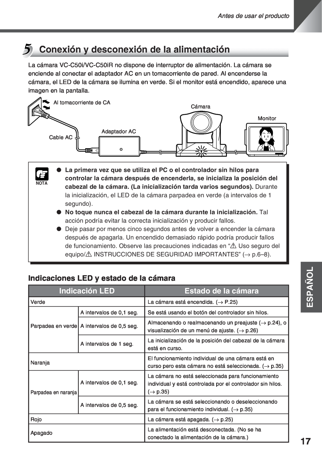 Canon VC-C50IR Conexión y desconexión de la alimentación, Indicaciones LED y estado de la cámara, Indicación LED, Español 