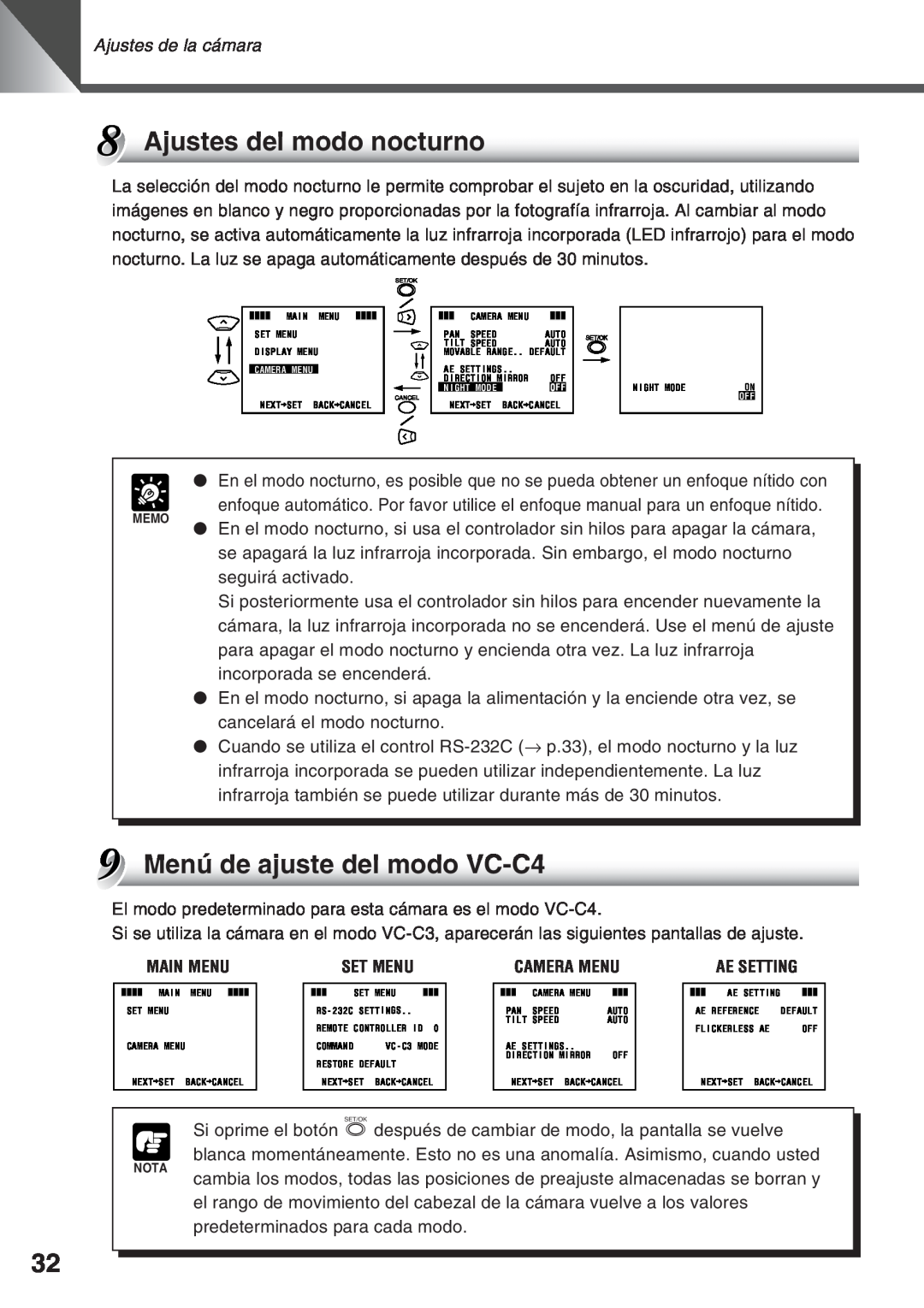 Canon VC-C50i, VC-C50IR instruction manual Ajustes del modo nocturno, Menú de ajuste del modo VC-C4, Ajustes de la cámara 