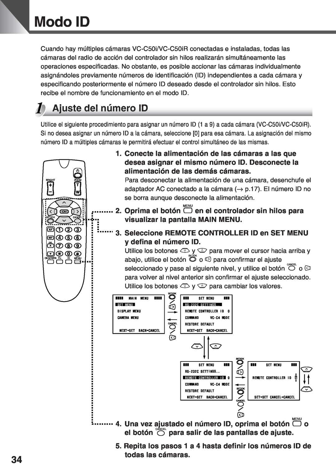 Canon VC-C50i, VC-C50IR instruction manual Modo ID, Ajuste del número ID 