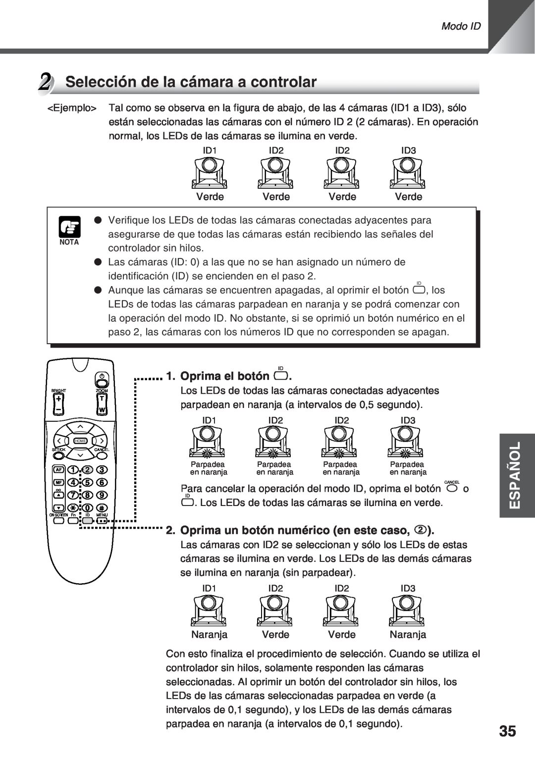 Canon VC-C50IR Selección de la cámara a controlar, Español, Oprima el botón, Oprima un botón numérico en este caso 