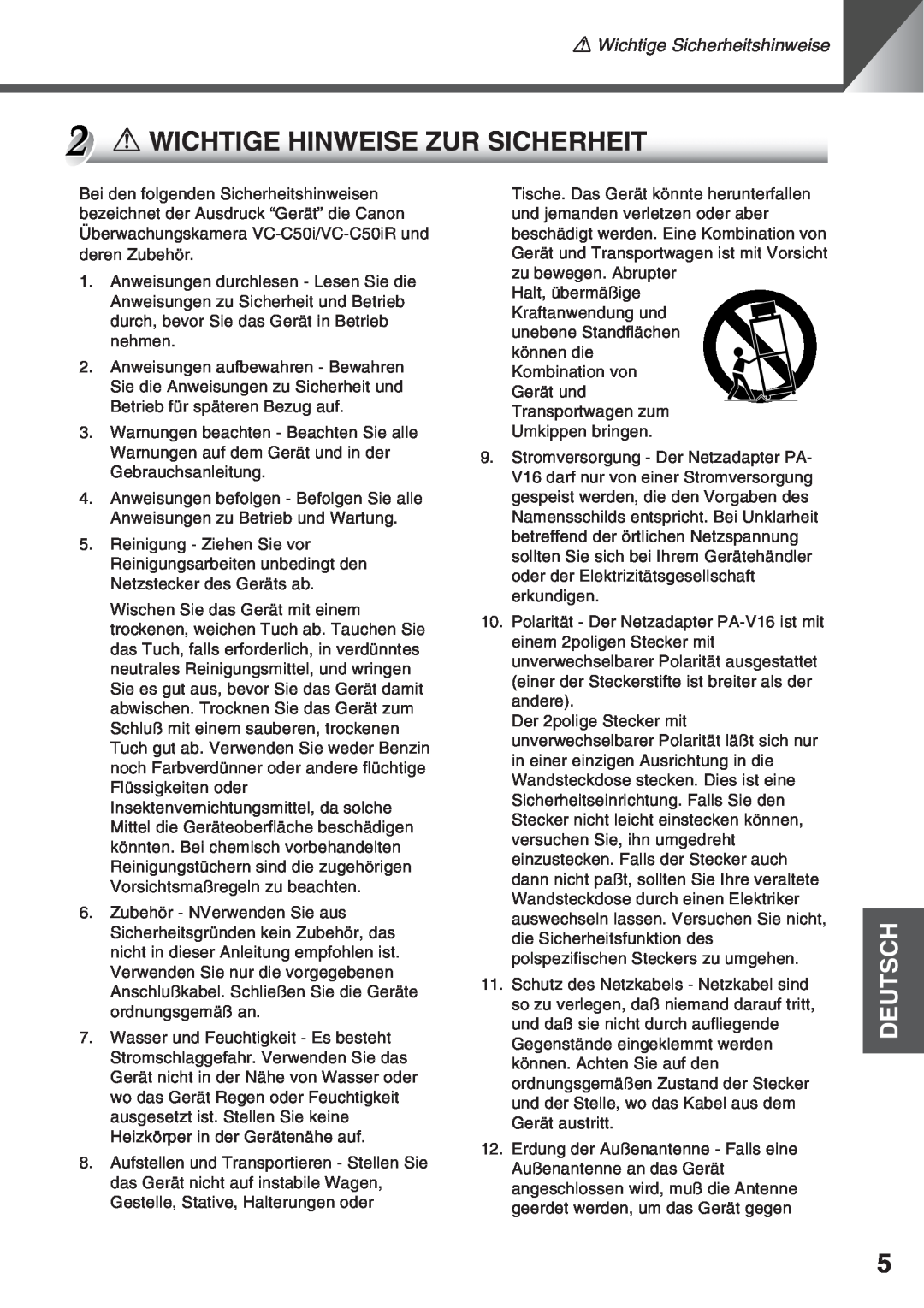 Canon VC-C50i, VC-C50IR instruction manual a WICHTIGE HINWEISE ZUR SICHERHEIT, Deutsch, a Wichtige Sicherheitshinweise 