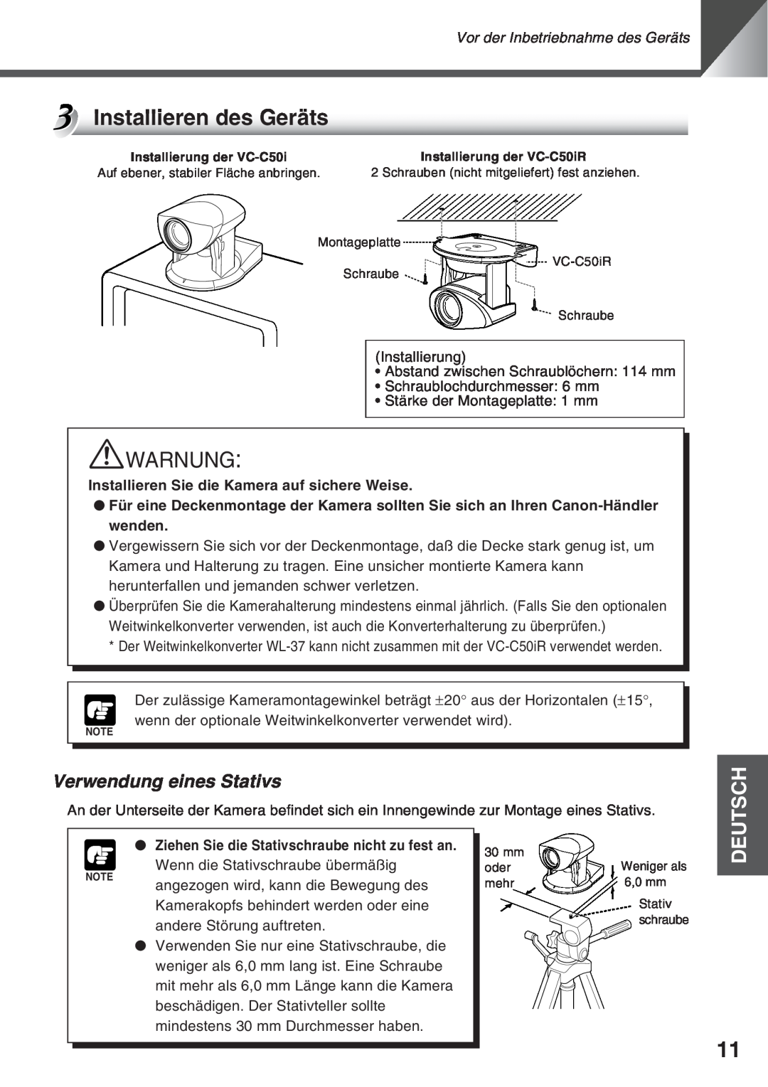 Canon VC-C50i, VC-C50IR instruction manual Installieren des GerŠts, Verwendung eines Stativs, aWARNUNG, Deutsch 