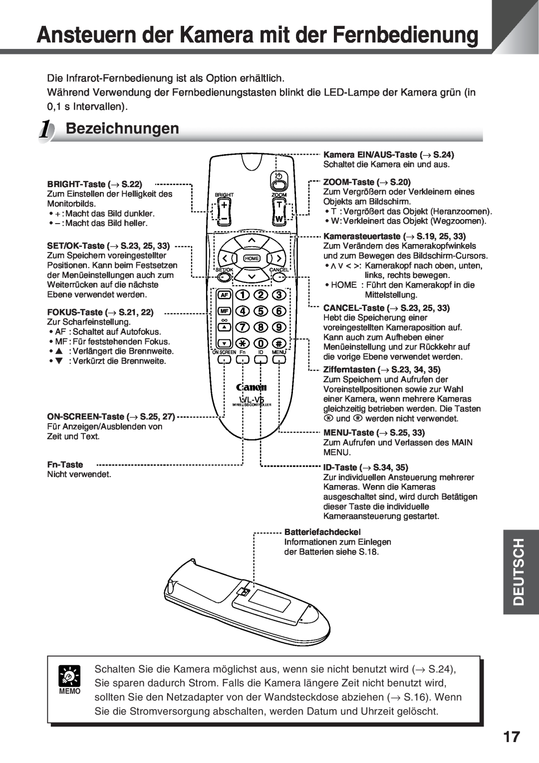Canon VC-C50i, VC-C50IR instruction manual Ansteuern der Kamera mit der Fernbedienung, Bezeichnungen, Deutsch 