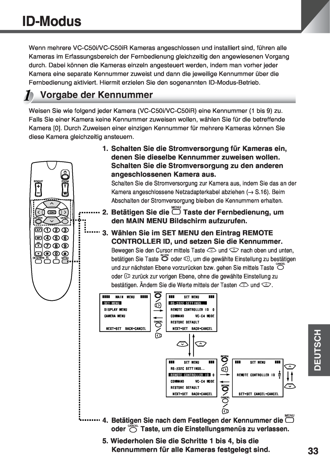Canon VC-C50i, VC-C50IR instruction manual ID-Modus, Vorgabe der Kennummer, Deutsch 