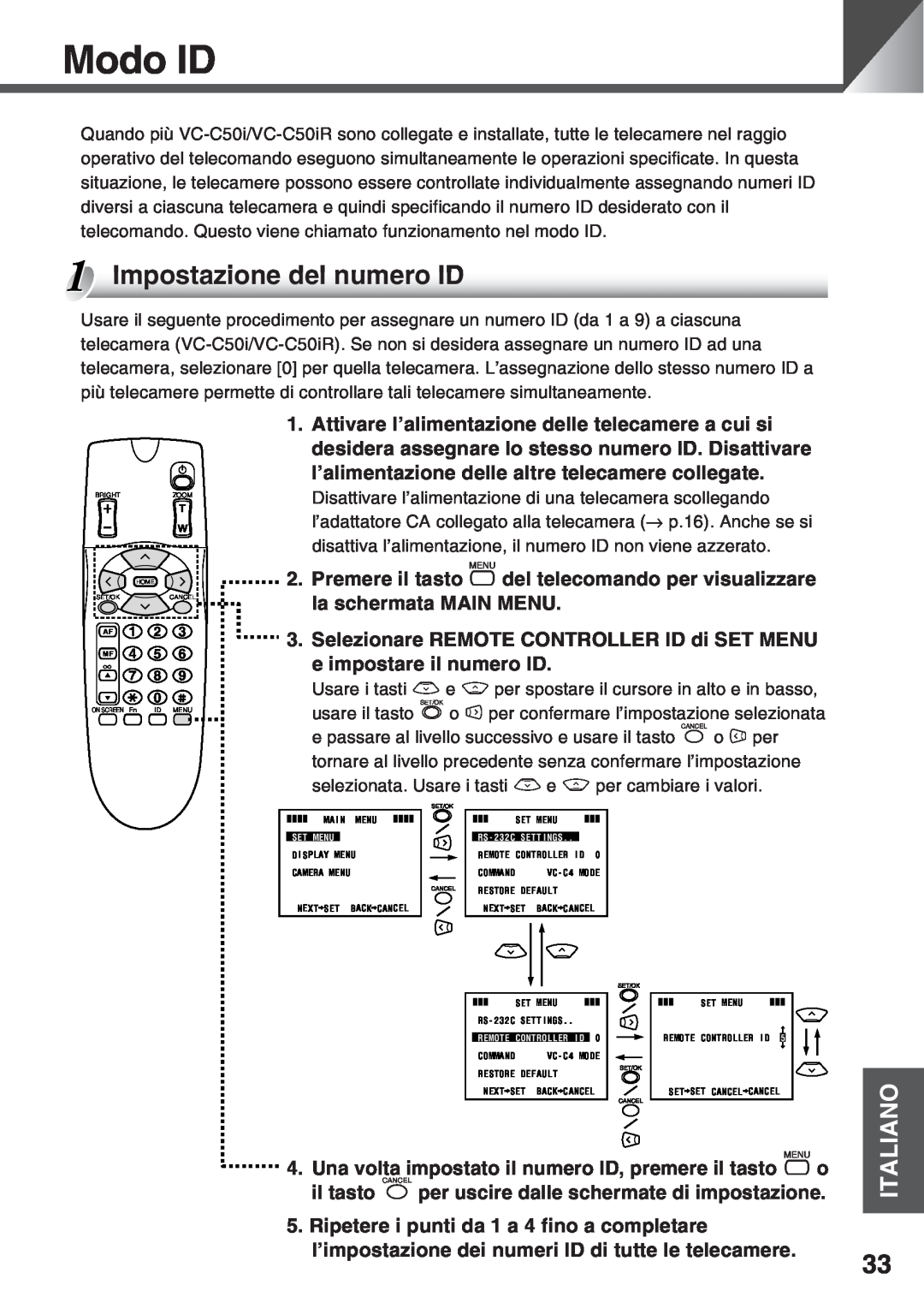 Canon VC-C50i, VC-C50IR instruction manual Impostazione del numero ID, Modo ID, Italiano 