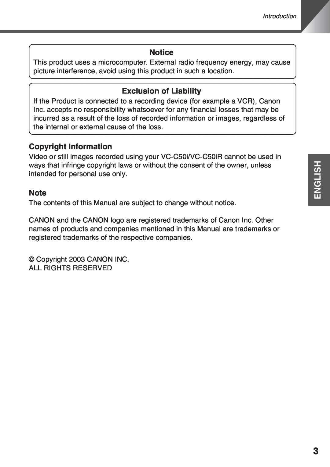 Canon VC-C50i, VC-C50IR instruction manual Notice, Exclusion of Liability, Copyright Information, English 