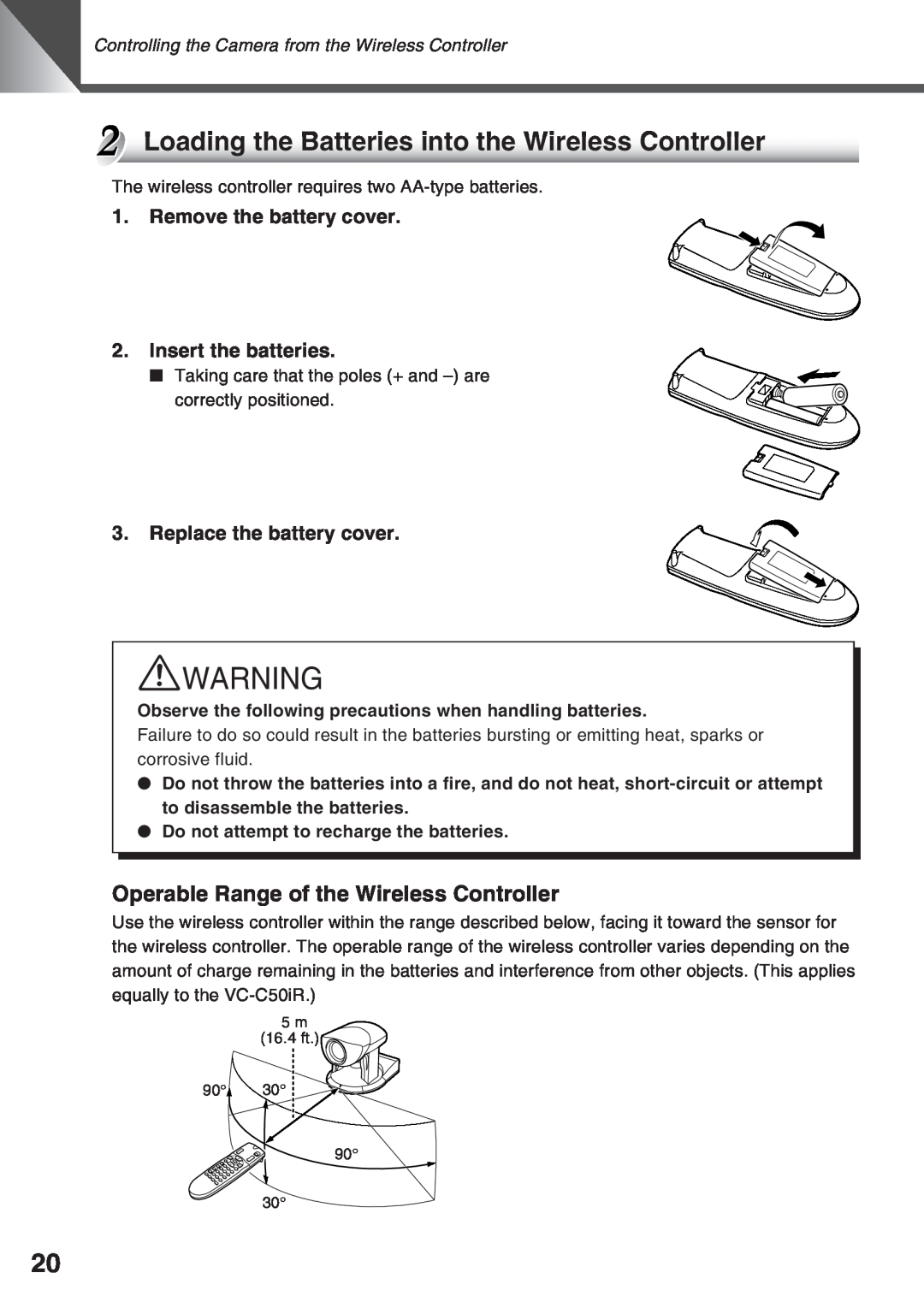 Canon VC-C50IR, VC-C50i instruction manual Operable Range of the Wireless Controller, aWARNING 