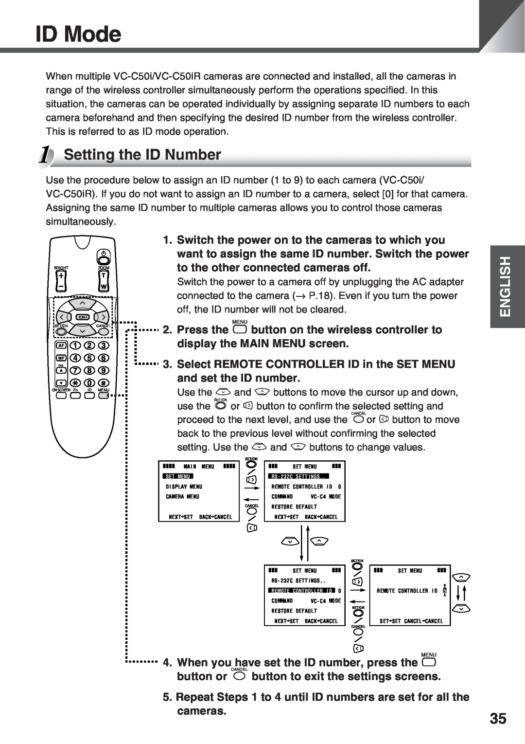 Canon VC-C50i, VC-C50IR instruction manual ID Mode, Setting the ID Number, English 