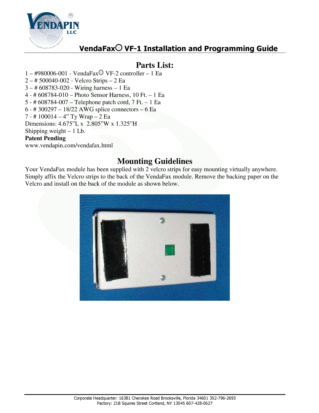 Canon VF-1 dimensions Parts List, Mounting Guidelines 