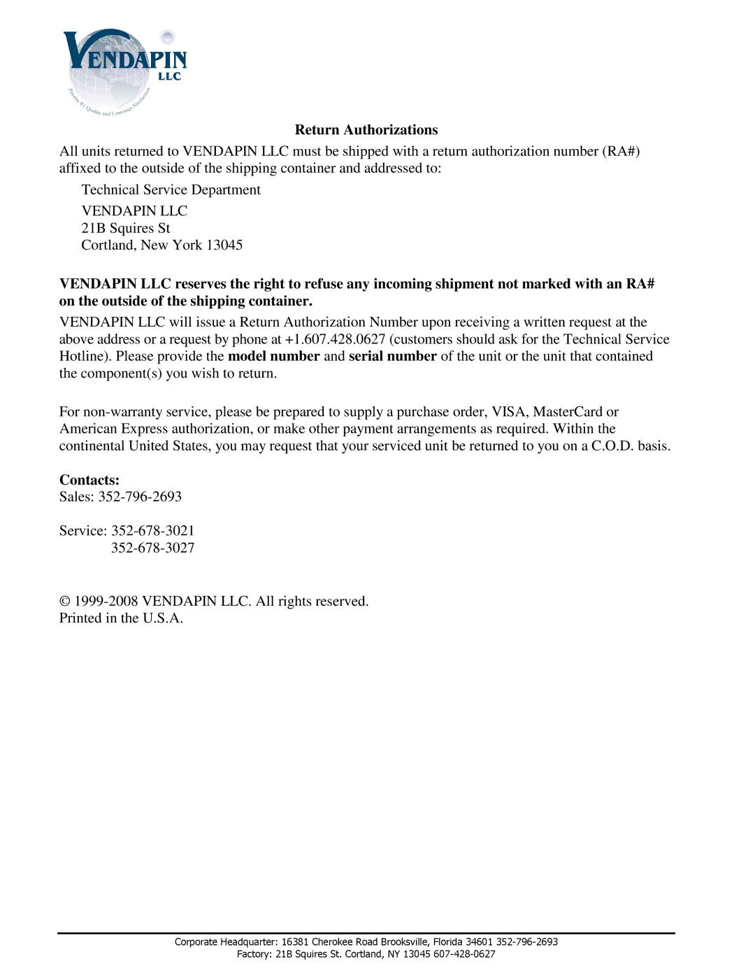 Canon VF-1 dimensions Return Authorizations 