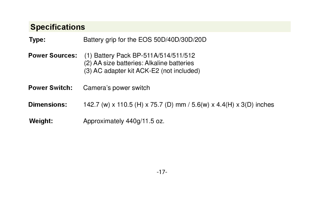 Canon VIV-PG-50D instruction manual Specifications 