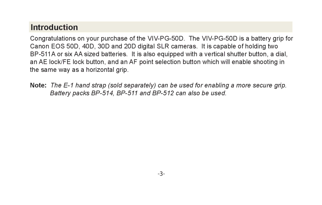 Canon VIV-PG-50D instruction manual Introduction 