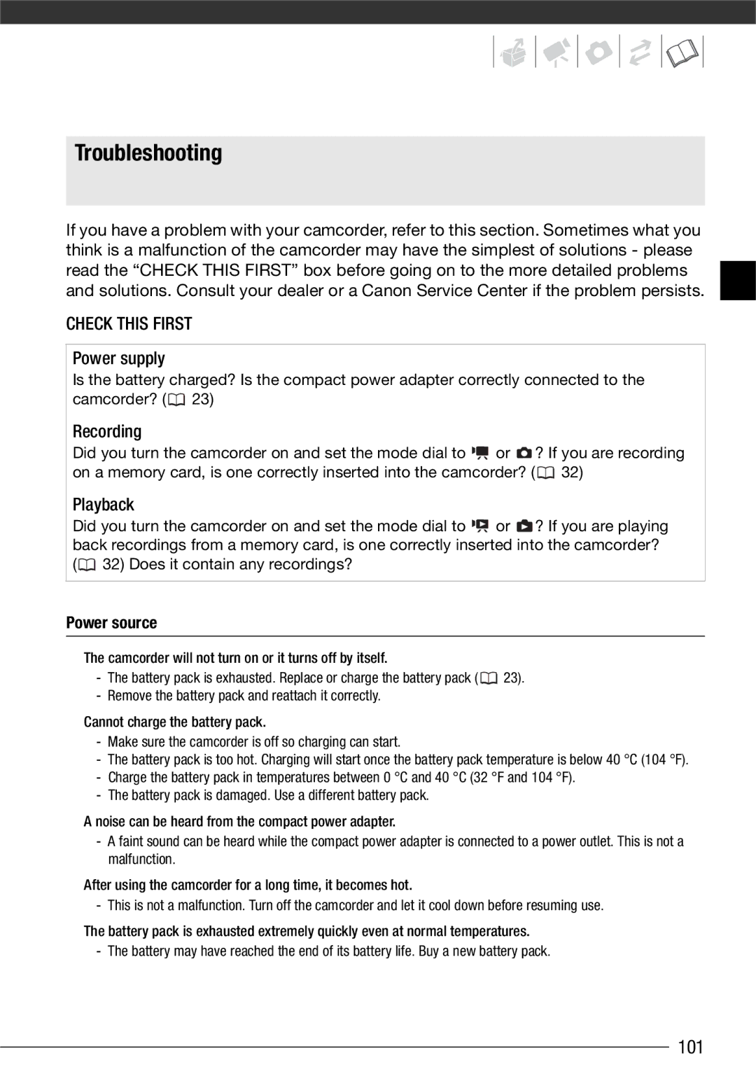 Canon VIXIA HG20, VIXIA HG21 instruction manual Troubleshooting, 101, Power source 