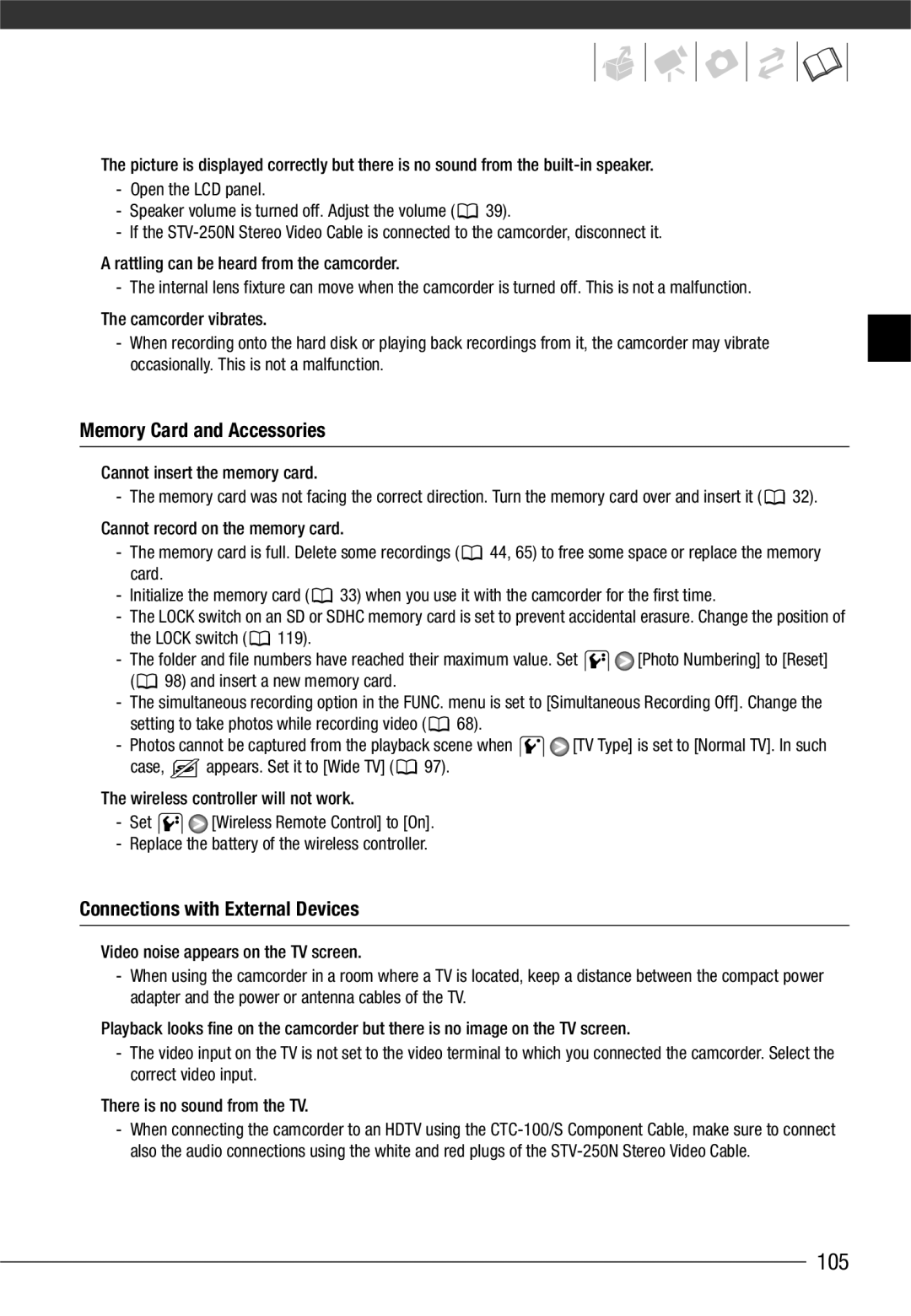 Canon VIXIA HG20, VIXIA HG21 instruction manual 105, Memory Card and Accessories, Connections with External Devices 