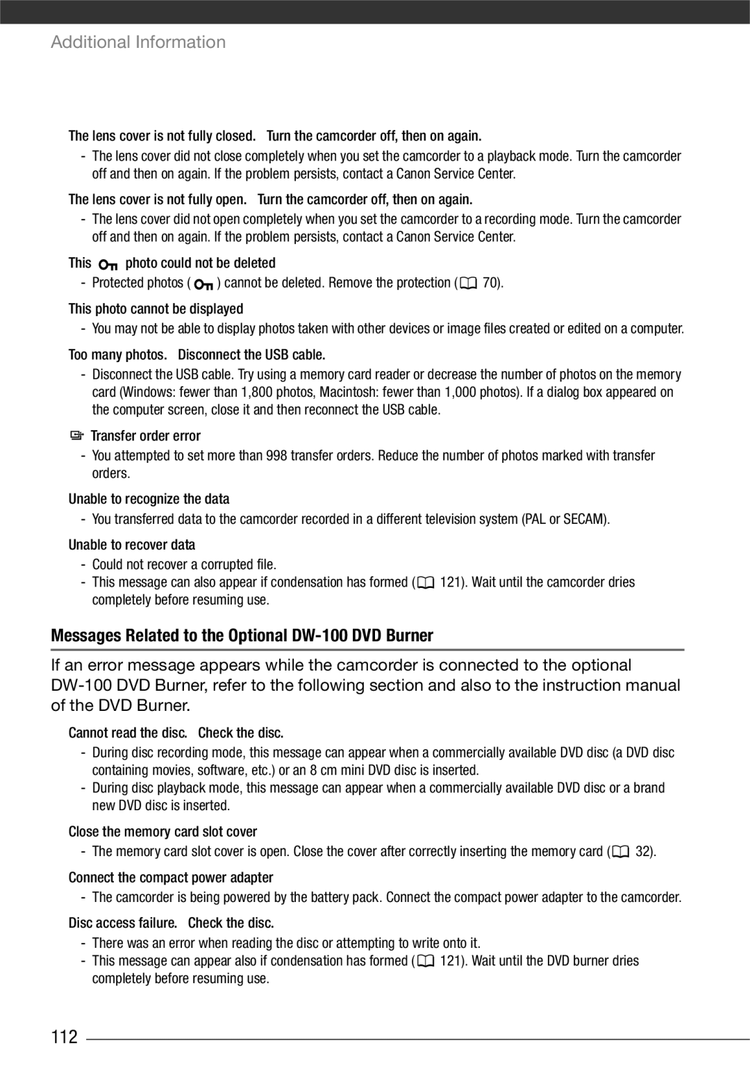 Canon VIXIA HG21, VIXIA HG20 instruction manual 112, Messages Related to the Optional DW-100 DVD Burner 