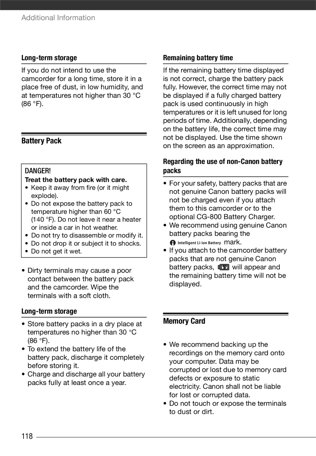 Canon VIXIA HG21, VIXIA HG20 instruction manual Battery Pack, Memory Card, 118 